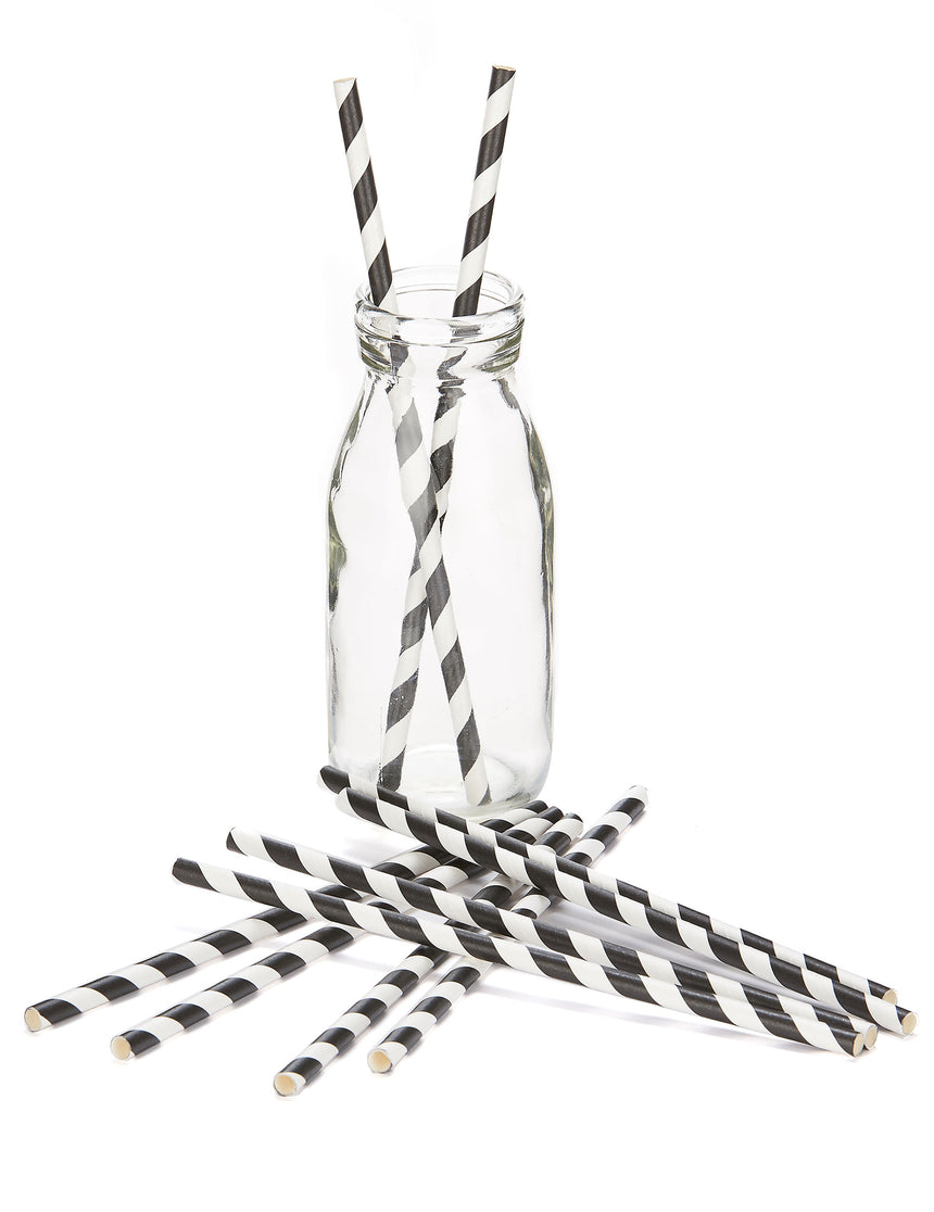 10 Pailles en carton rayées noires 19,5 cm