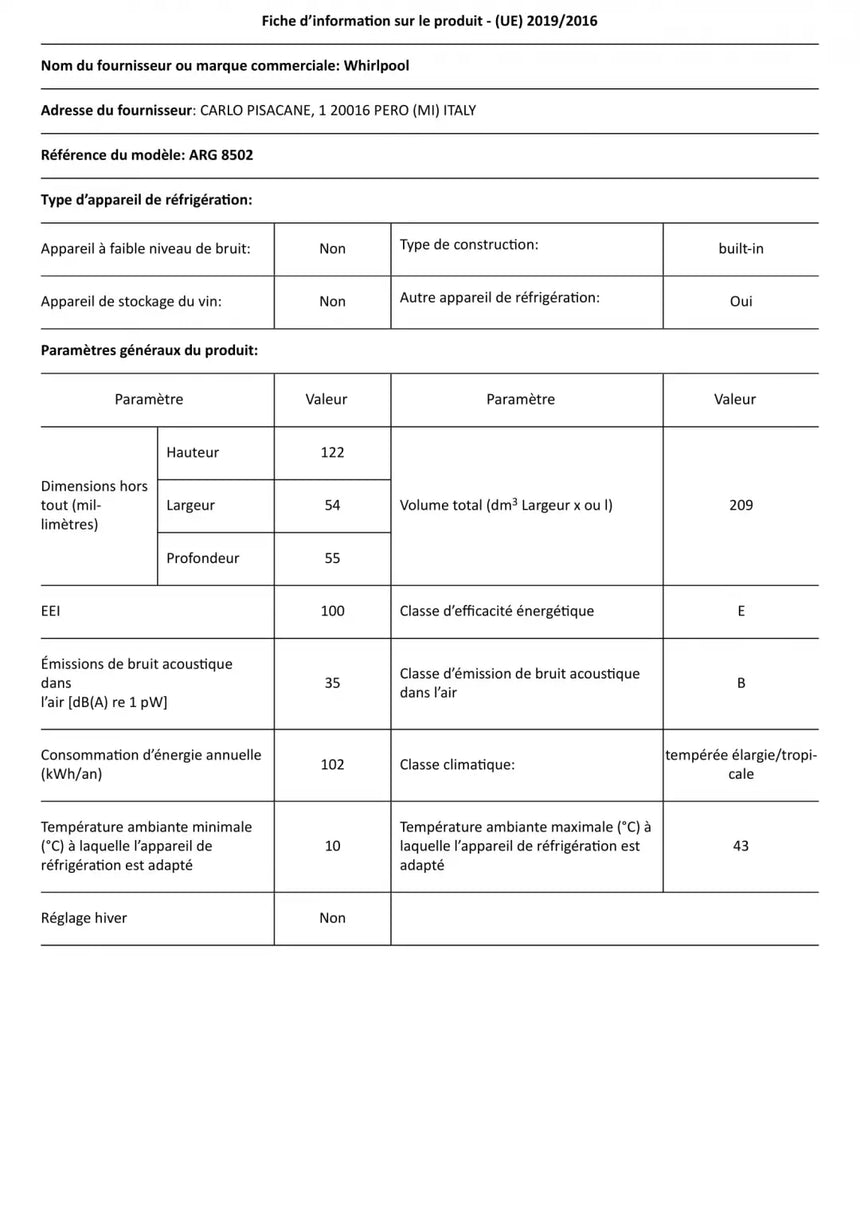 WHIRLPOOL ARG8502