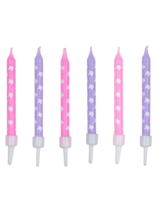 12 bougies d'anniversaire licorne roses et violettes 7,5 cm avec bobèches