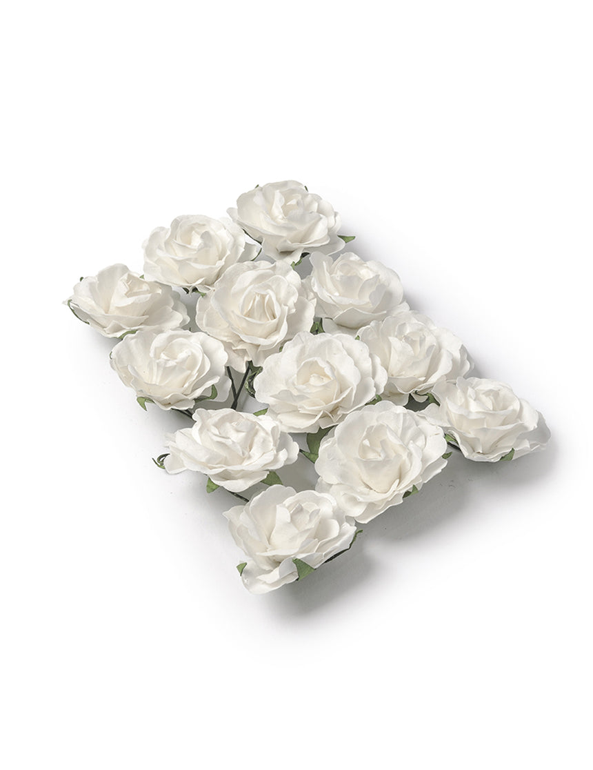 12 roses à piquer blanches en papier 3,5 cm