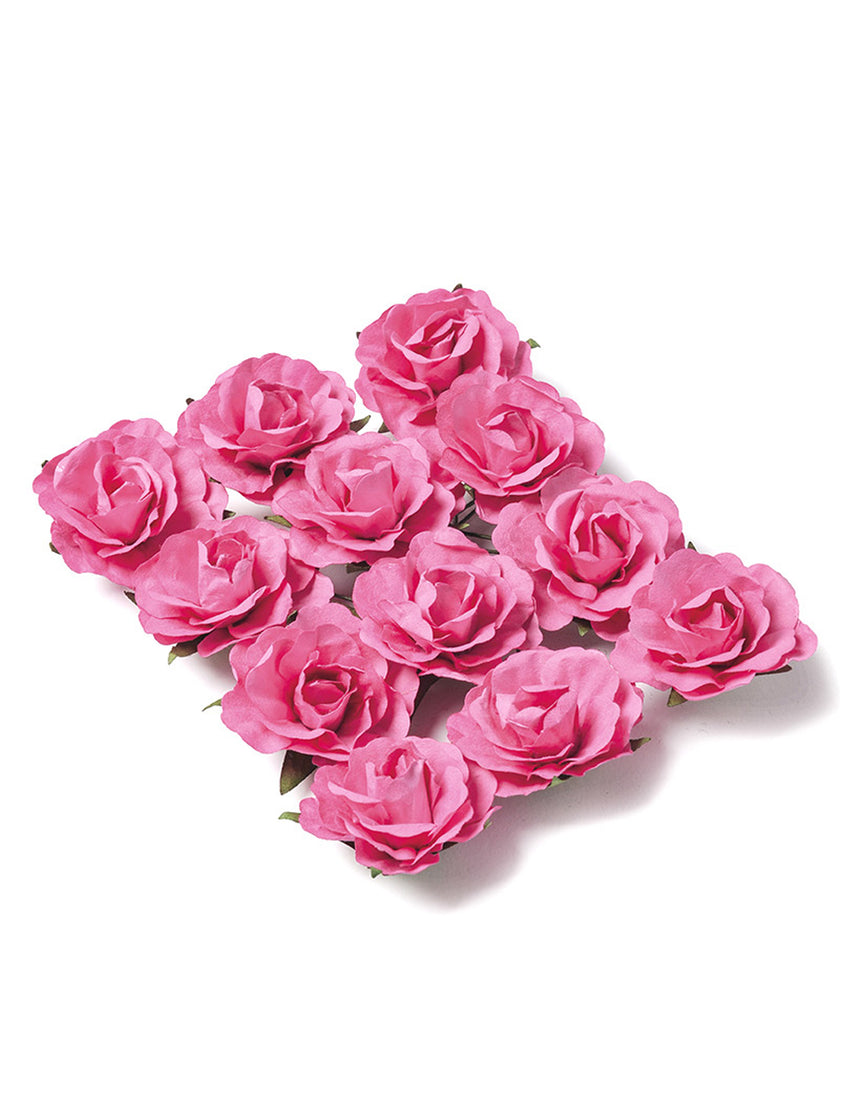 12 roses à piquer fuchsia en papier