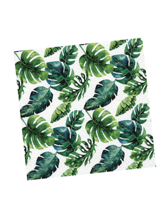 20 serviettes en papier tropicales blanches et vertes 33 x 33 cm feuilles exotiques