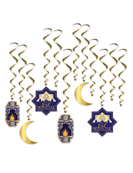 12 suspensions spirales aïd mubarak bleues et or 71 cm de fête