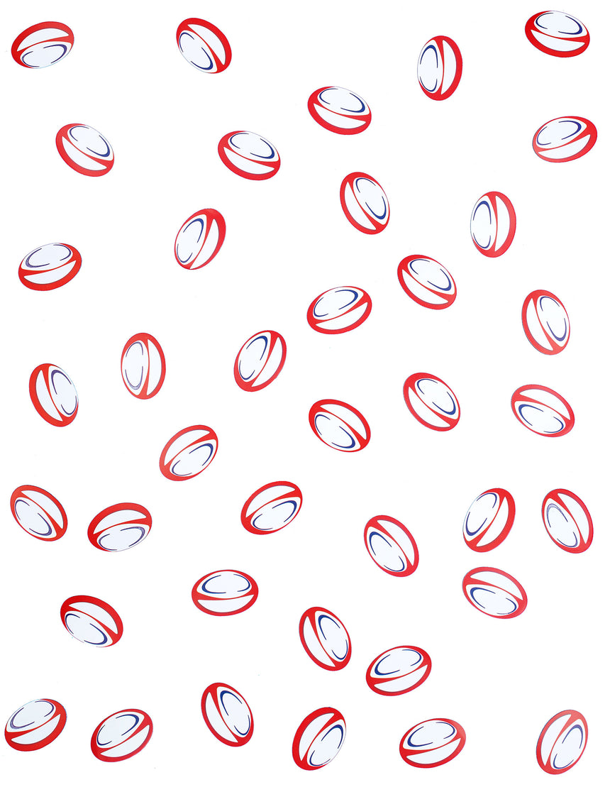 150 confettis de table ballons de rugby rouge et bleu en papier