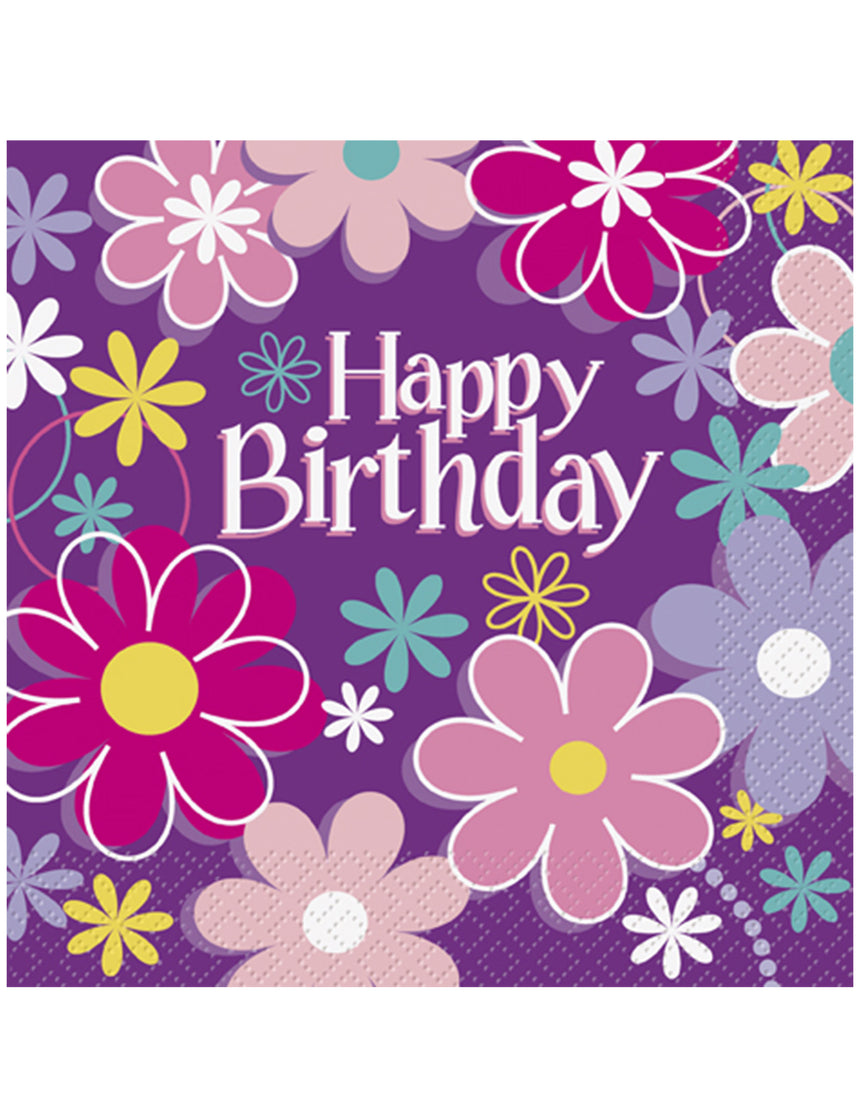 16 serviettes en papier happy birthday fleurs 33 x 33 cm violettes