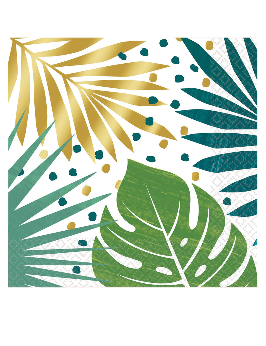 16 serviettes en papier tropical chic 33 x 33 cm feuilles dorées