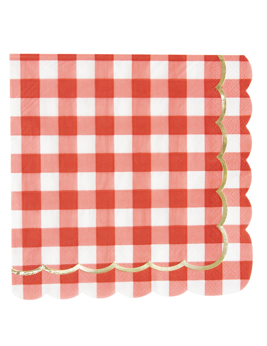16 serviettes festonnées en papier vichy rouge 33 x 33 cm