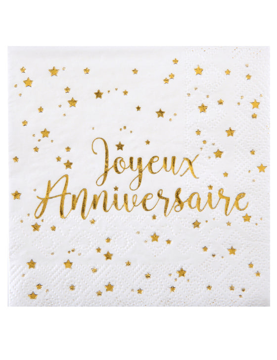 20 petites serviettes en papier joyeux anniversaire métallisé blanc et doré 25 x 25 cm décoration de table