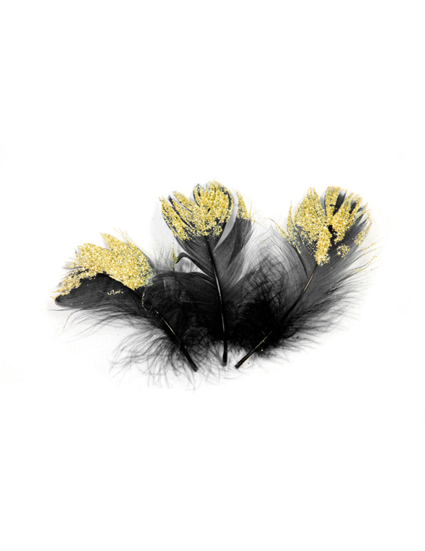 25 plumes pailletées noires et dorées 7,5 cm charleston