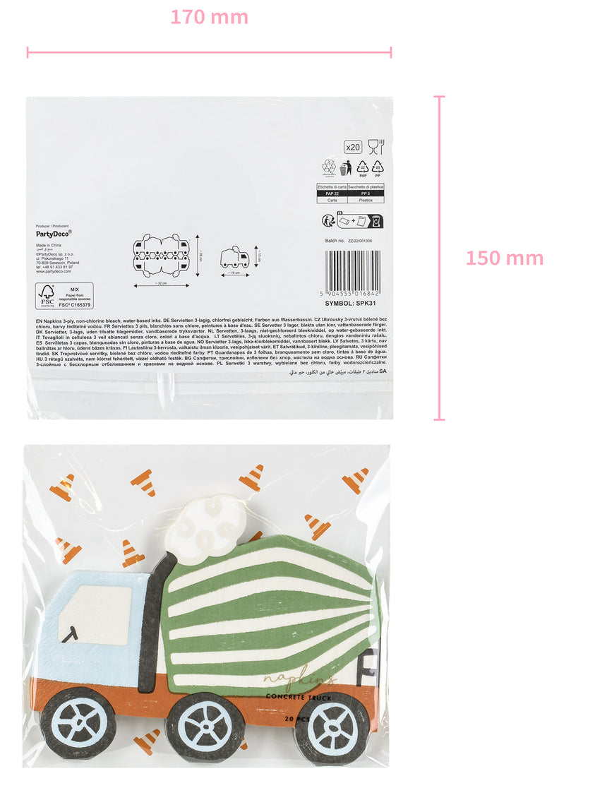 20 Serviettes camions de chantier 16 x 13 cm