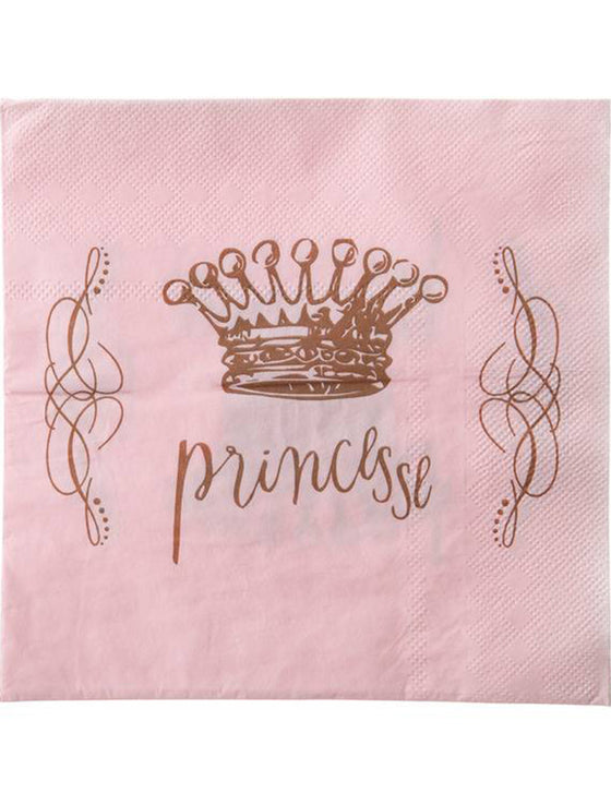 20 serviettes en papier princesse rose 33 x 33 cm avec couronne