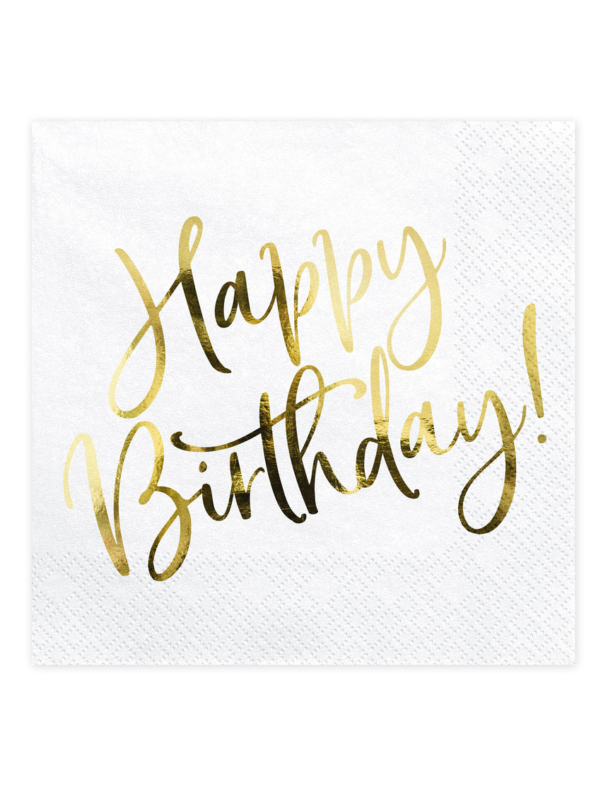 20 Serviettes en papier happy birthday blanches et dorées 33 x 33 cm