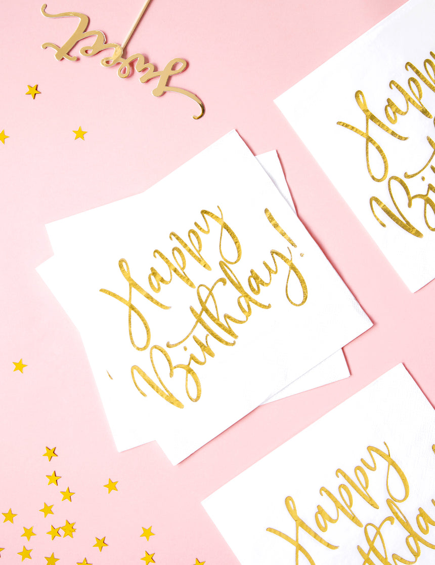 20 Serviettes en papier happy birthday blanches et dorées 33 x 33 cm