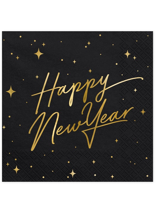 20 serviettes en papier happy new year noires et dorées 33 x 33 cm décor étoilé