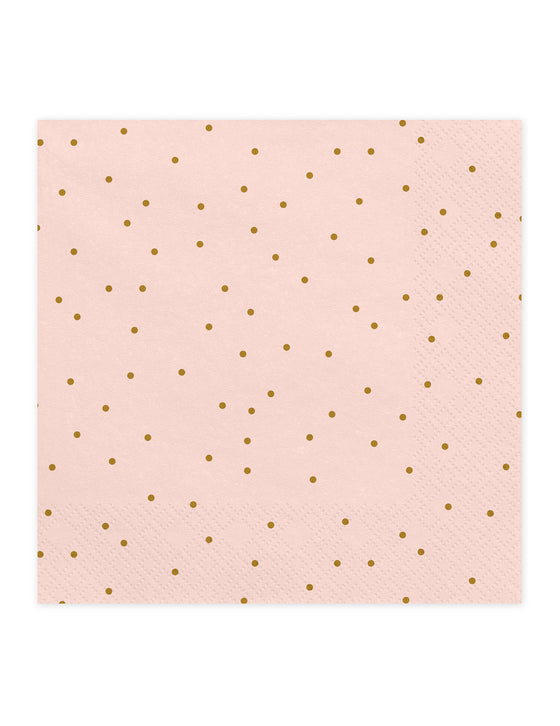 20 Serviettes en papier roses pâles à pois dorés 33 x 33 cm