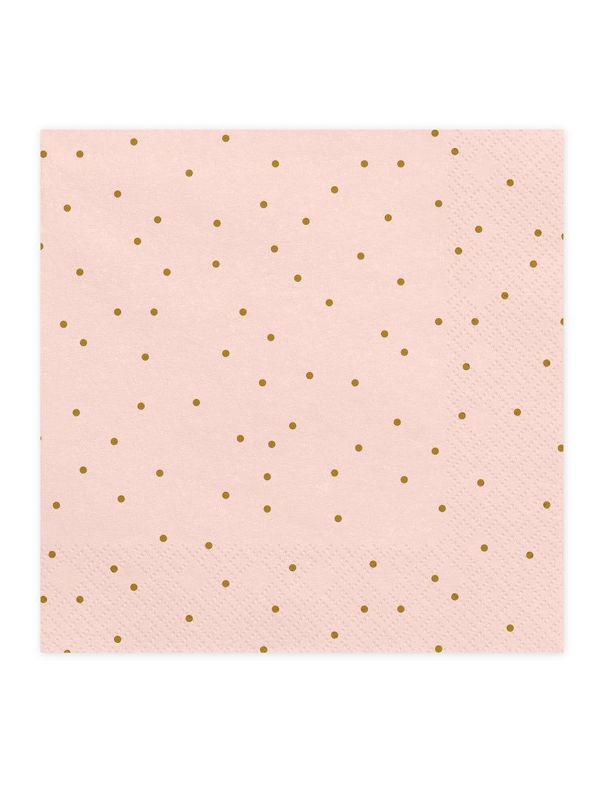 20 Serviettes en papier roses pâles à pois dorés 33 x 33 cm
