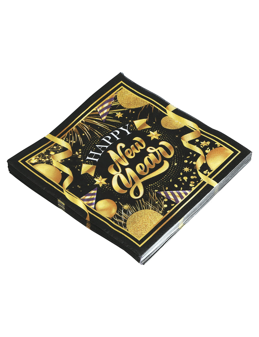 20 Serviettes en papier Happy new year noir et or 33 x 33 cm