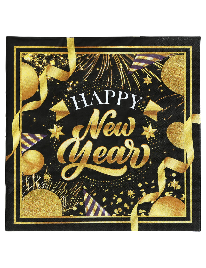 20 Serviettes en papier Happy new year noir et or 33 x 33 cm