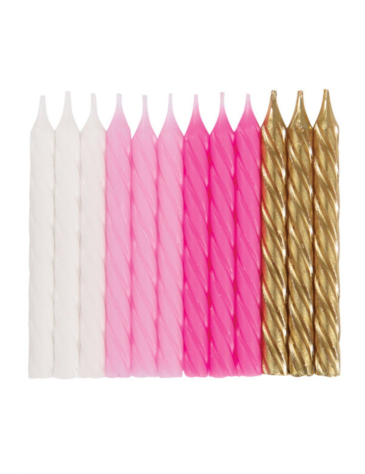 24 Bougies d'anniversaire spirales roses, blanches et dorées 7 cm