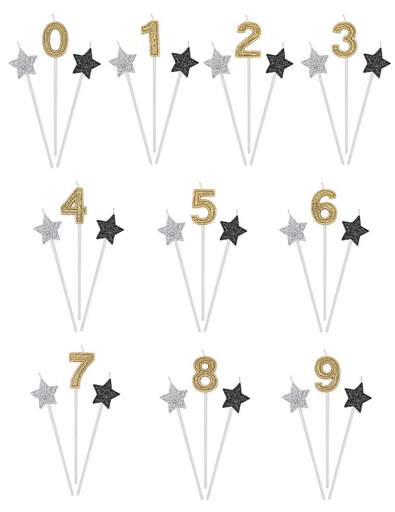 3 Bougies d'anniversaire chiffre dorées, argentées et noires 16 cm