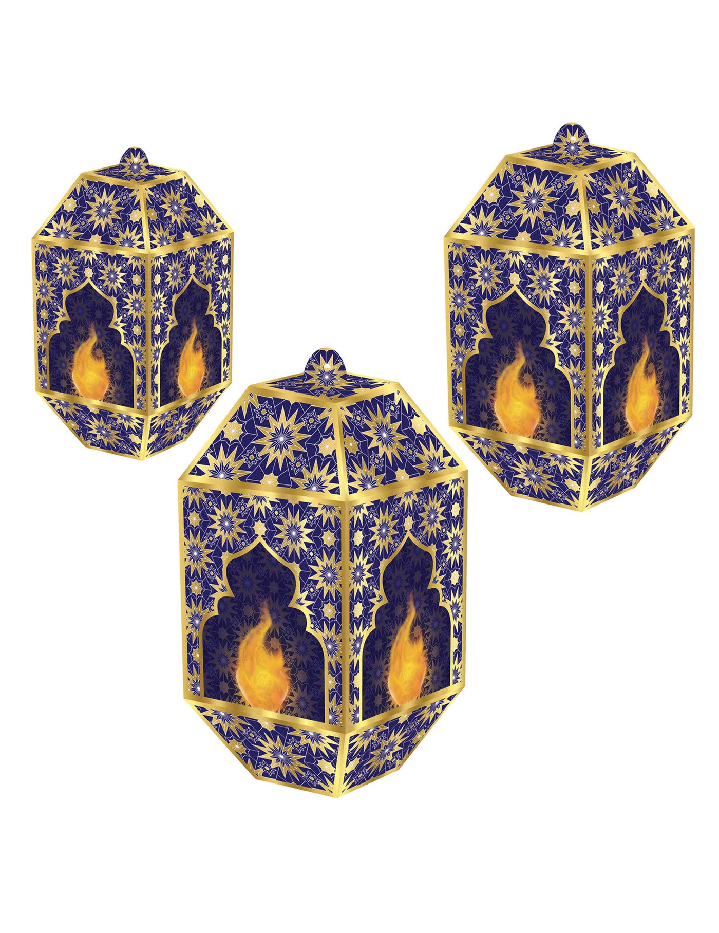 3 lanternes en papier Aïd Mubarak bleues et or 20, 24 et 28 cm à suspendre