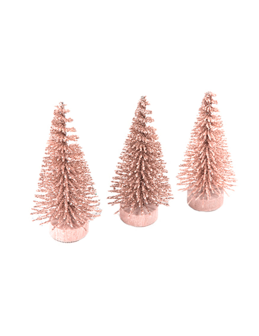 3 Petits sapins artificiels rose gold pailletés 5,5 x 2,5 cm