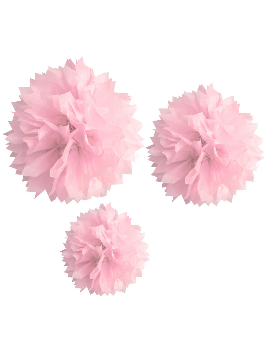 3 Pompons en papier rose 20, 30 et 40 cm