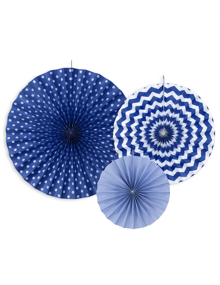 3 rosaces en papier bleu marine 23, 32 et 40 cm à motifs