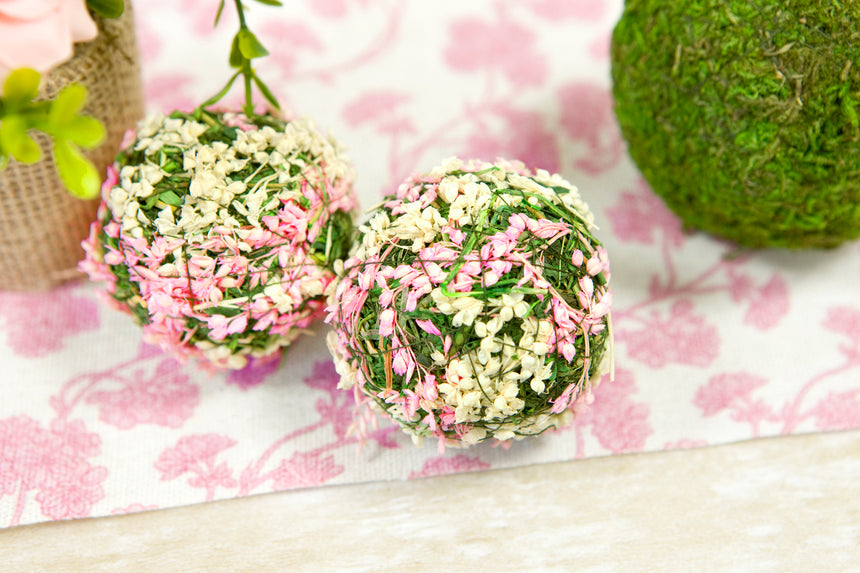 4 boules décoratives fleurs naturelles blanches et roses 5 cm mariage champêtre