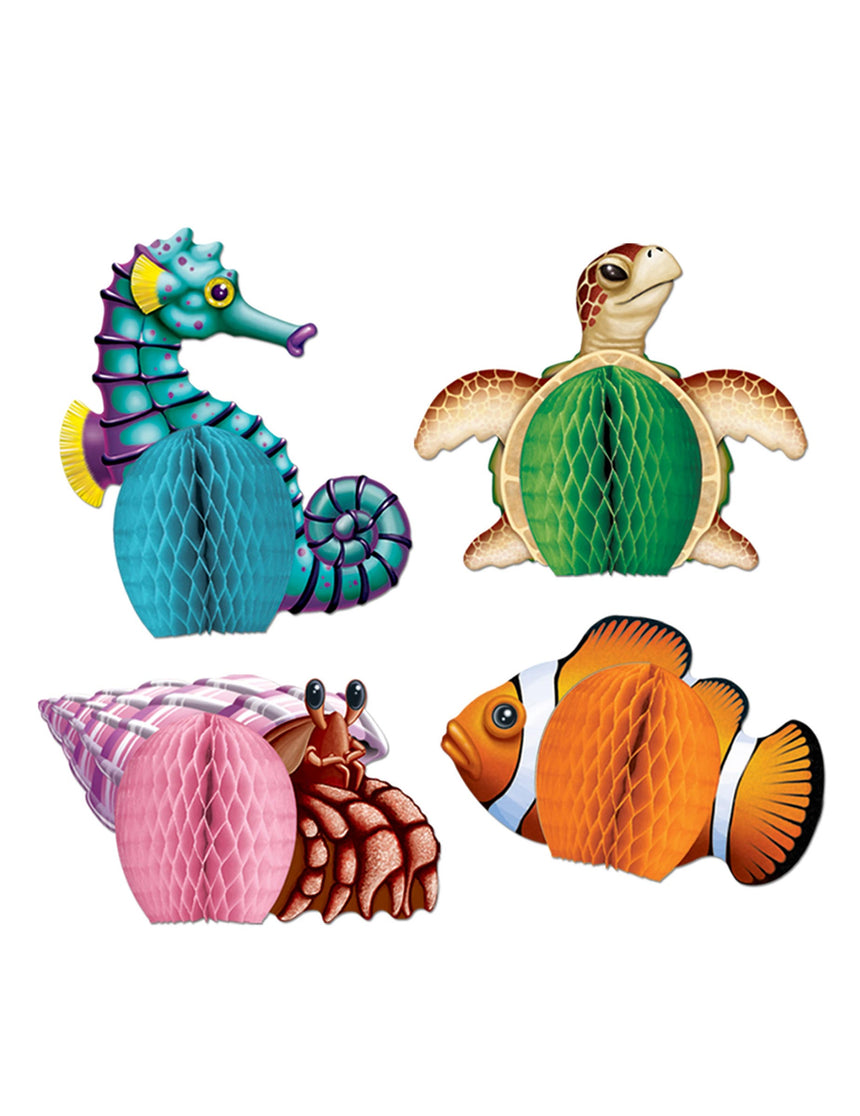 4 mini centres de table en papier créatures de la mer 14 cm animaux marins