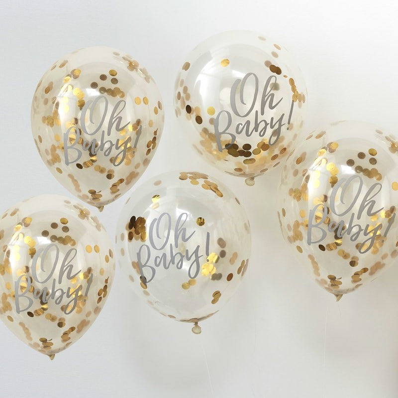 5 ballons oh baby transparents à confettis doré métallisé 30 cm en latex