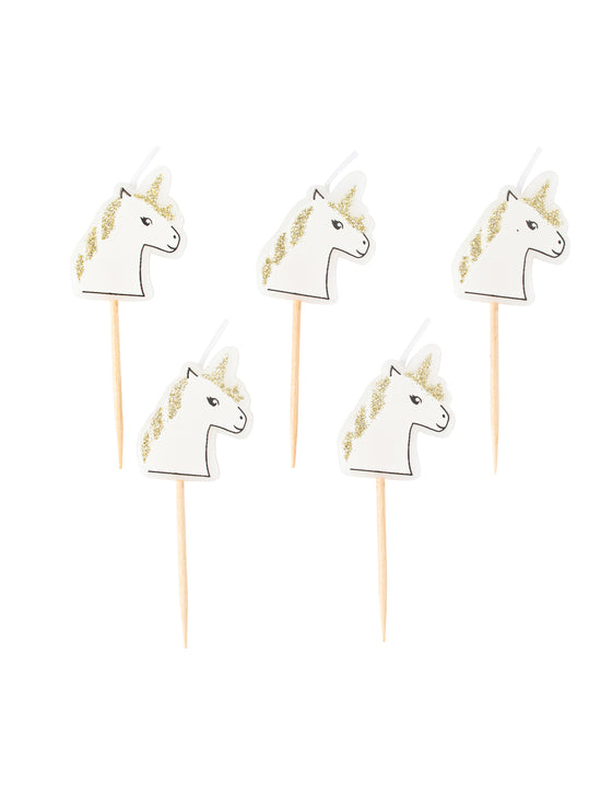 5 Bougies sur pic licorne paillettes champagne 4,5 x 3 cm
