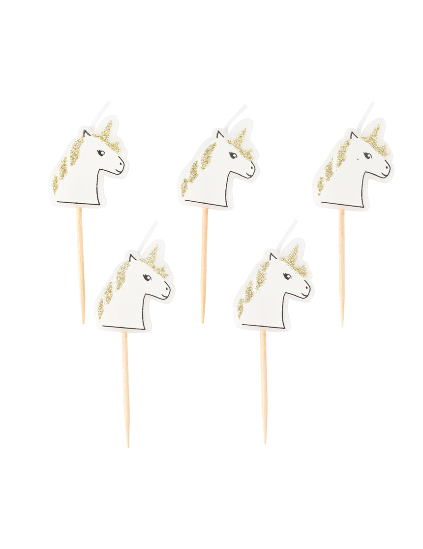 5 Bougies sur pic licorne paillettes champagne 4,5 x 3 cm