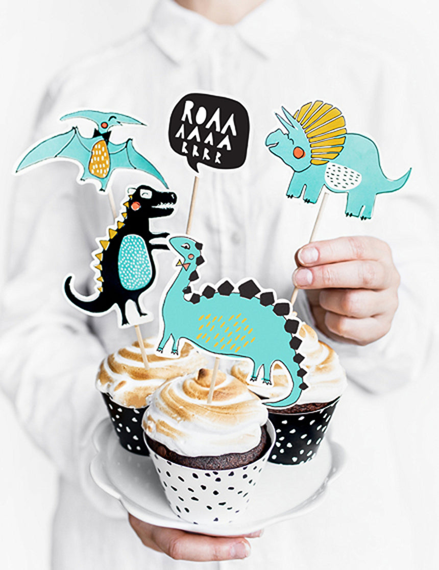 5 Cake toppers en carton dinosaures bleus 10,5 - 20 cm