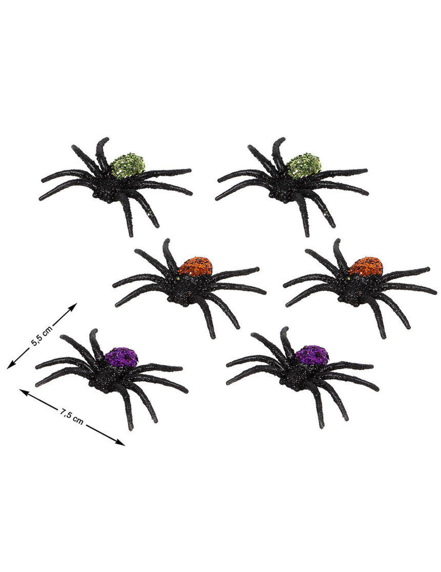 6 Araignées pailletées en plastique 7,5 x 5,5 x 1,3 cm