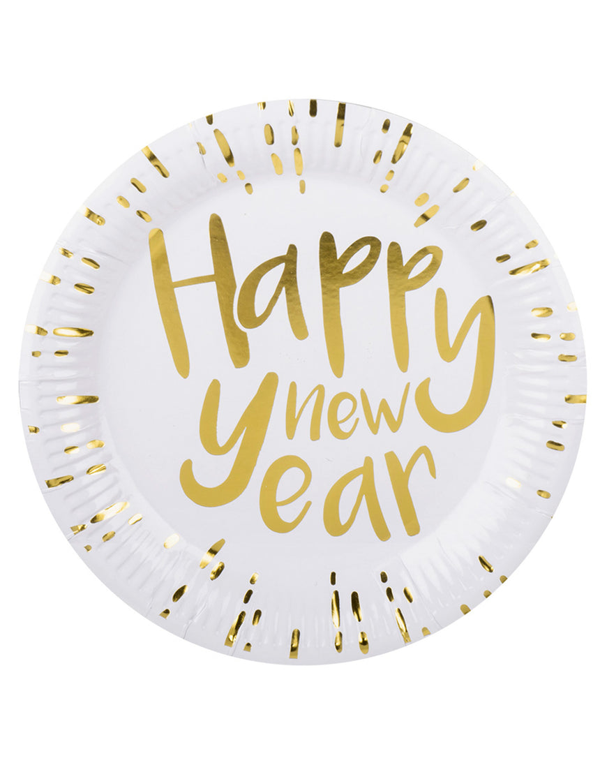 10 assiettes en carton happy new year blanches et dorées 23 cm pour le réveillon