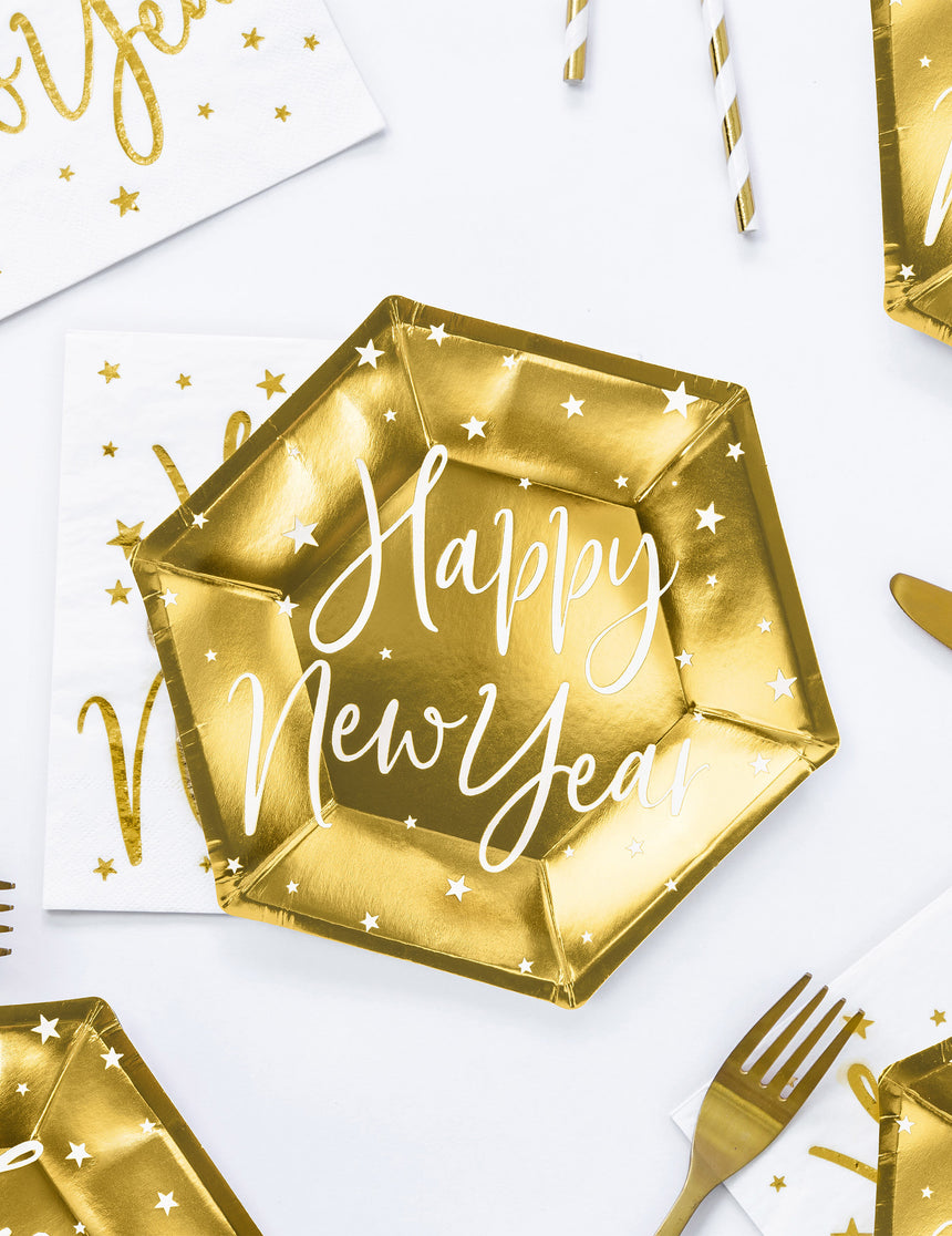 6 Assiettes en carton happy new year dorées 20 cm