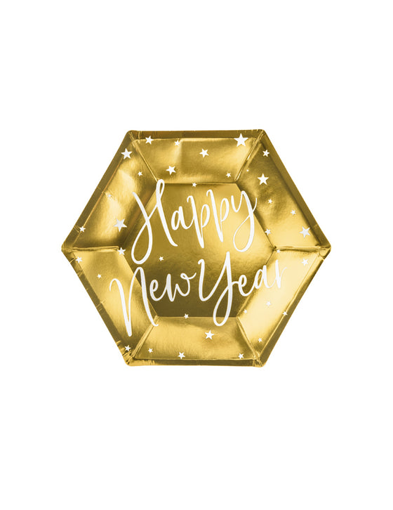 6 Assiettes en carton happy new year dorées 20 cm