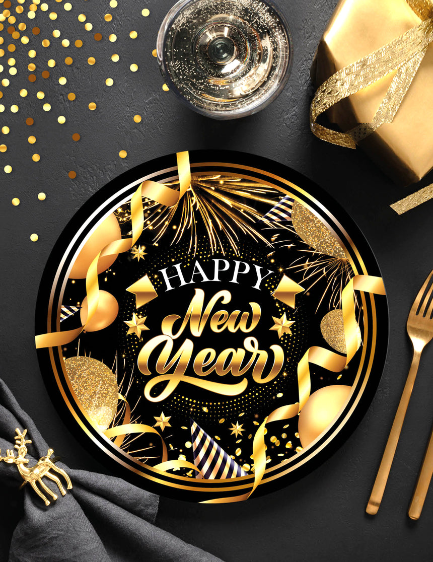6 Assiettes en carton Happy new year noir et or 23 cm