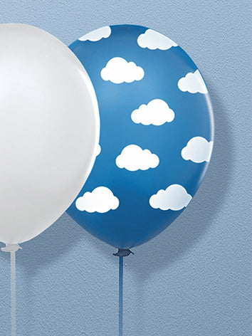 6 ballons en latex bleus nuages blancs 30 cm en latex naturel