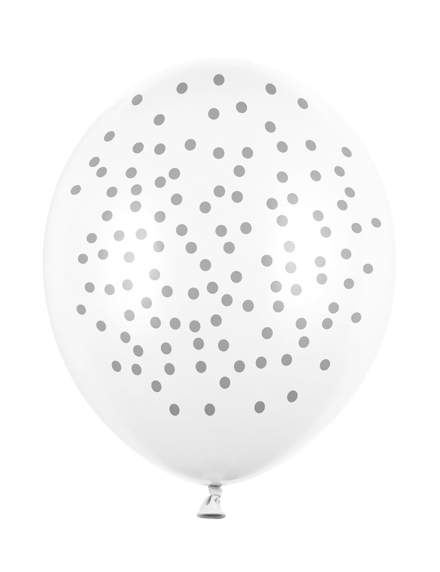 6 Ballons en latex blancs pois argentés 30 cm