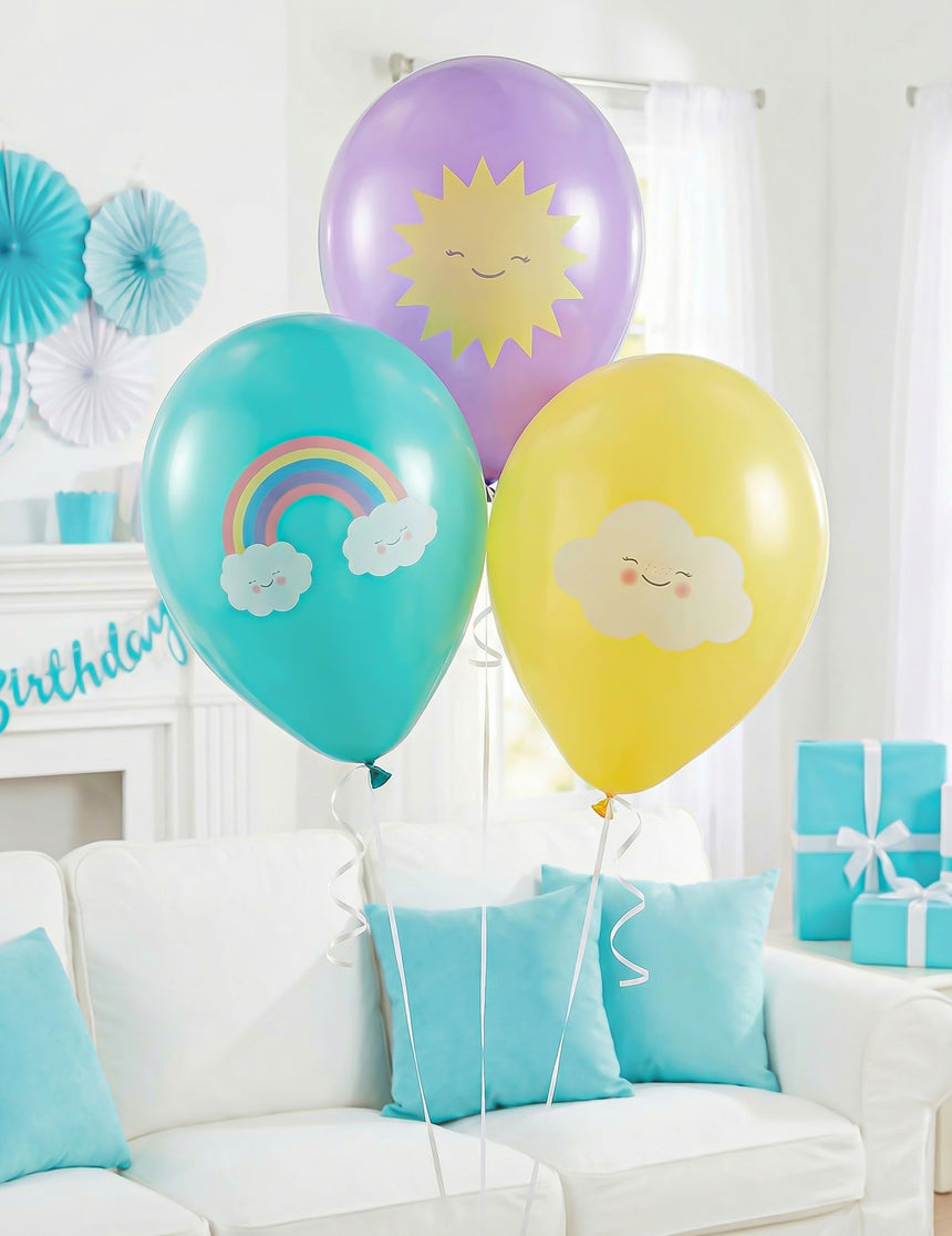 6 Ballons en latex Petit Nuage menthe, violet et jaune 27,5 cm