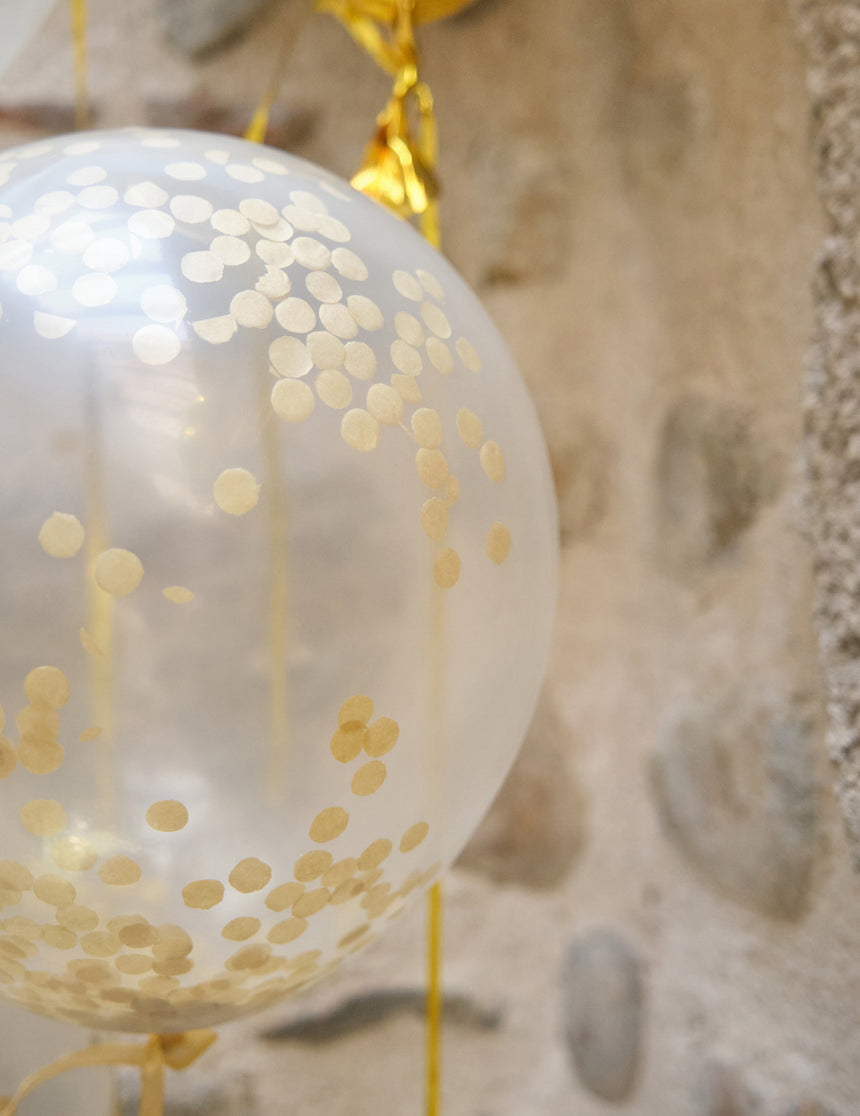 6 Ballons en latex transparents avec confettis ocre doré 30 cm