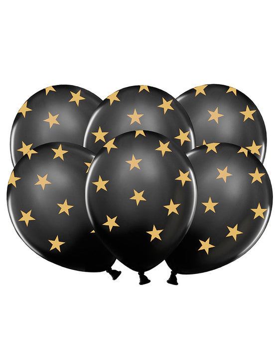 6 Ballons en latex noirs étoiles dorées 30 cm