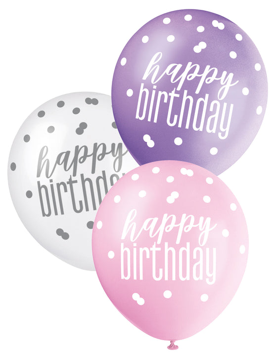 6 Ballons roses, violets et blancs Happy Birthday