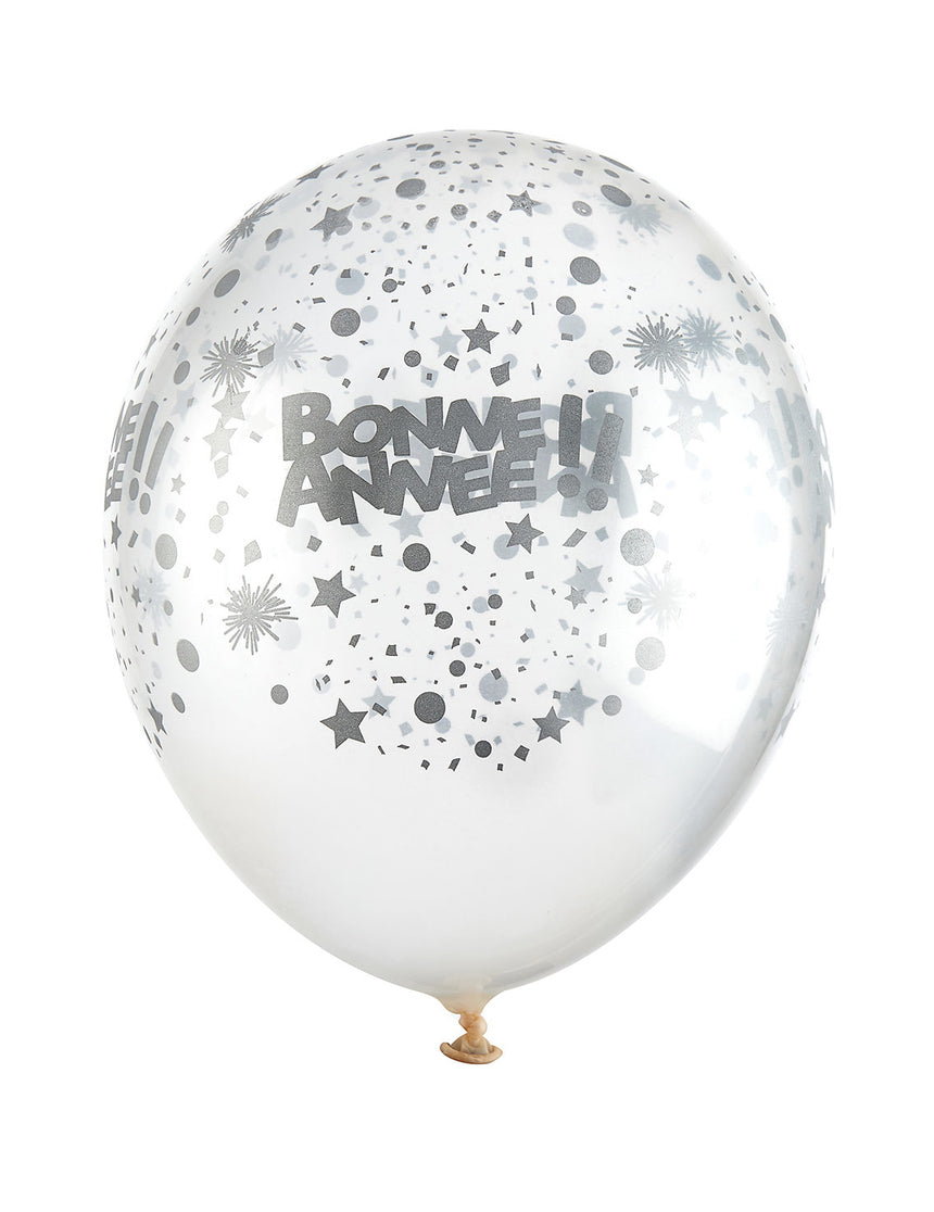 6 Ballons en latex transparents Bonne année argent 30 cm