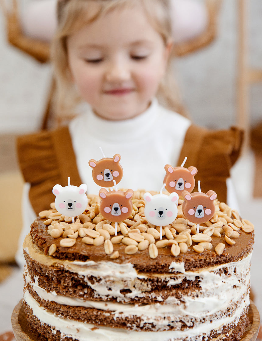 6 Bougies d'anniversaire petits ours bruns et blancs 3 cm