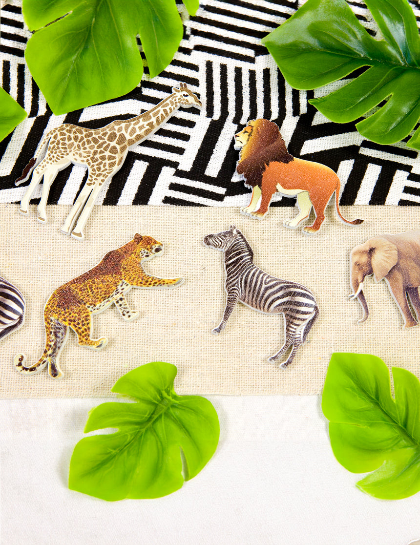 6 confettis de table animaux de la savane en bois 7,5 x 5,5 cm
