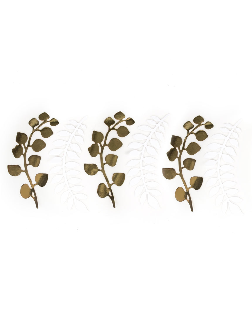 6 feuilles fougères et eucalyptus blanches et or 30 cm en papier