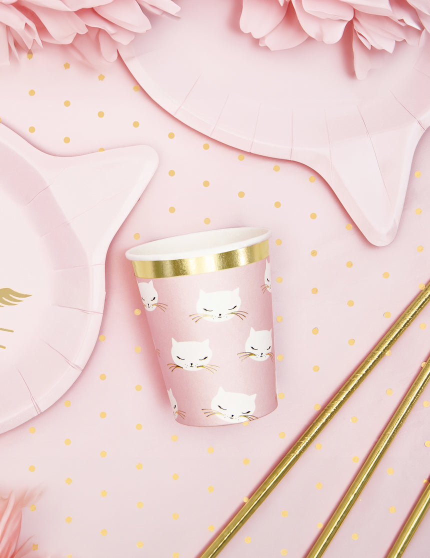6 Gobelets en carton chaton roses et blancs 200 ml